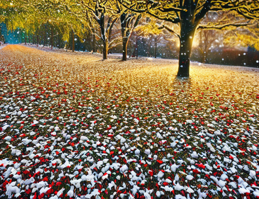 Vivid Autumn Landscape with Golden Leaves, Red Foliage, and Fresh Snowfall