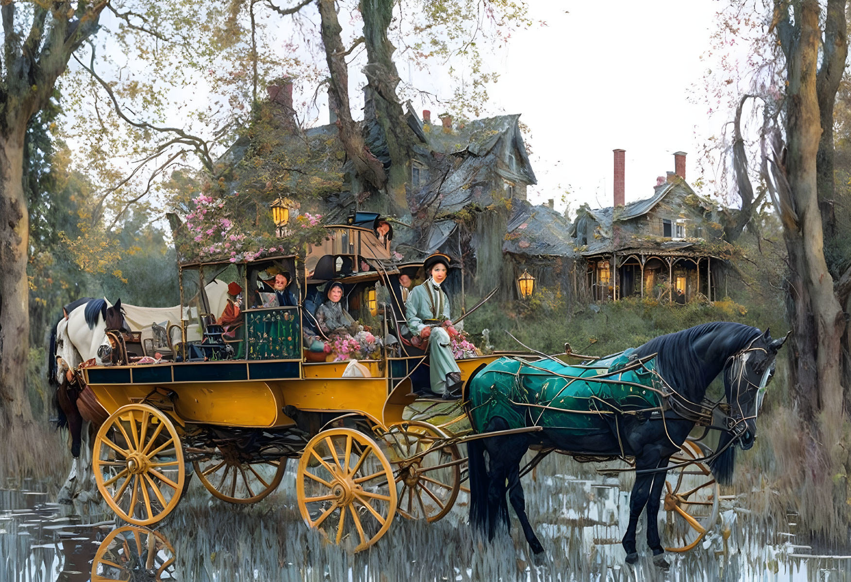 Vintage horse-drawn carriage with passengers on waterlogged path near old house