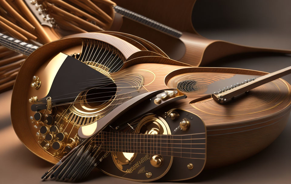 Surreal collection of copper-toned stringed musical instruments