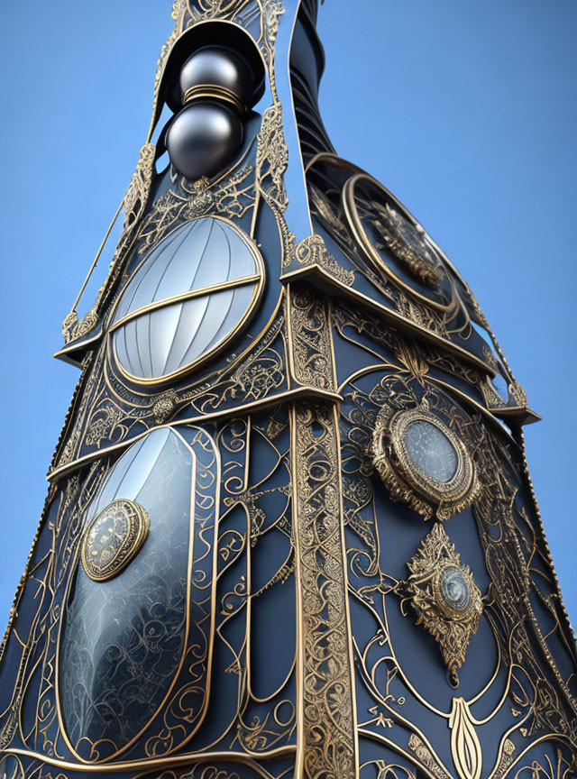 Intricate Gold Filigree Tower on Deep Blue Background