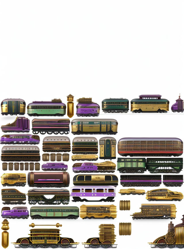 Colorful Train Carriages & Engines: Detailed Illustration of Classic & Modern Designs