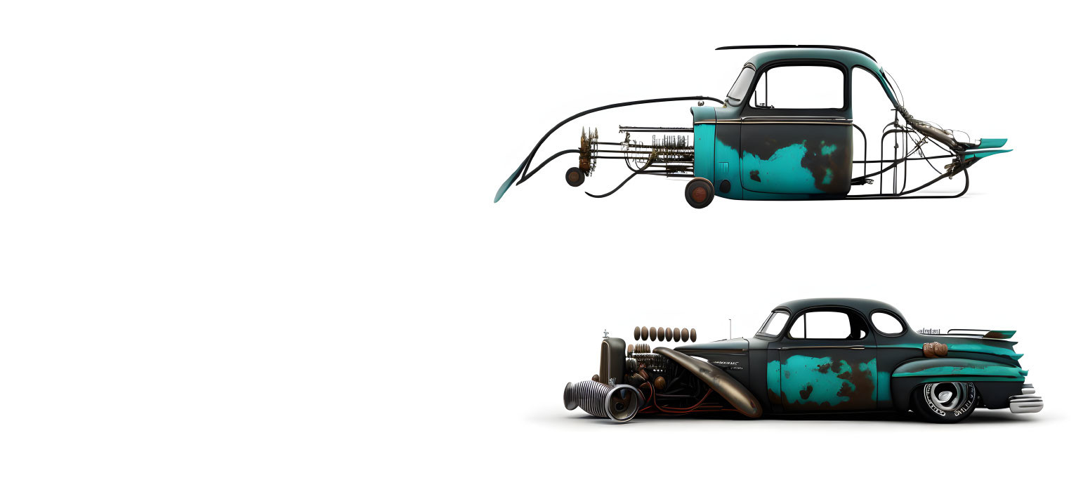 Teal and Black Hot Rod with Oversized Engine and Retro Styling
