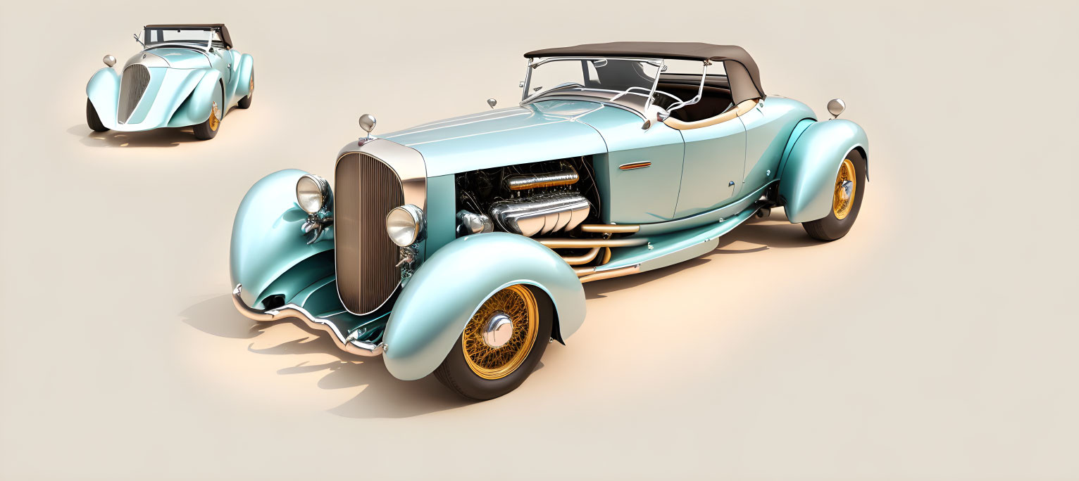 Vintage Cars: Pastel Blue & Cream Color Scheme, Chrome Details, Whitewall Tires