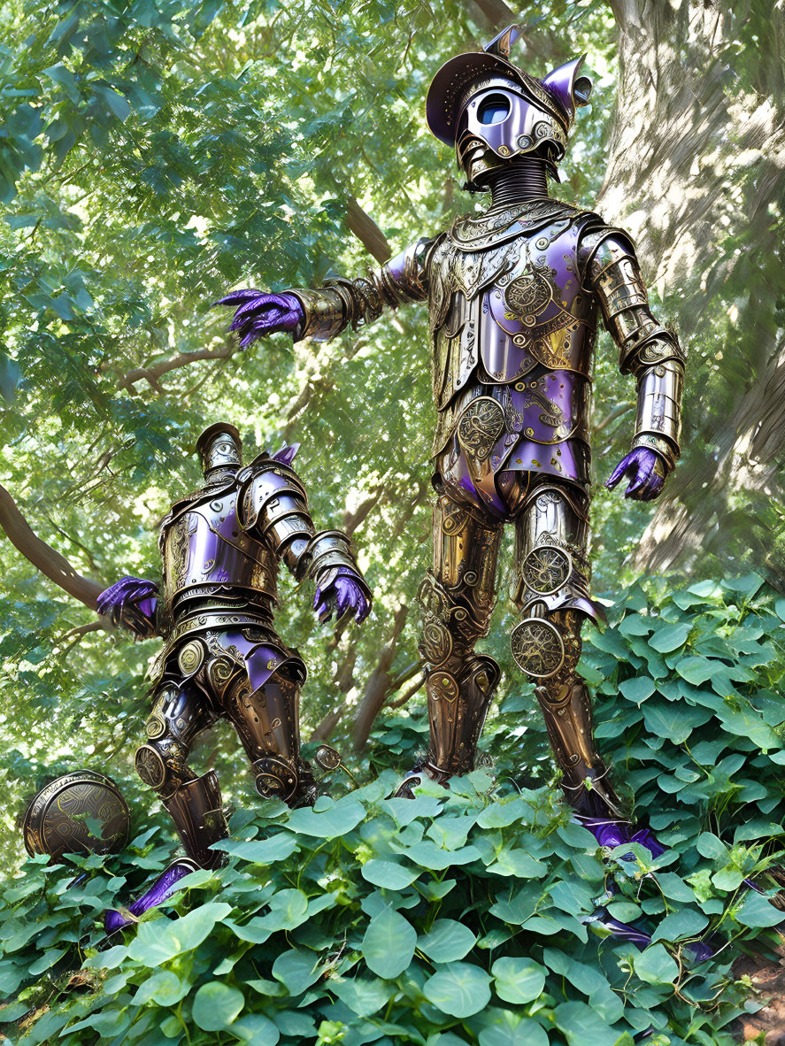 Medieval knights in ornate armor among lush green foliage