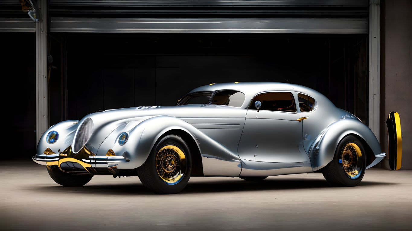 Sleek silver classic car with yellow-accented wheels in garage spotlight