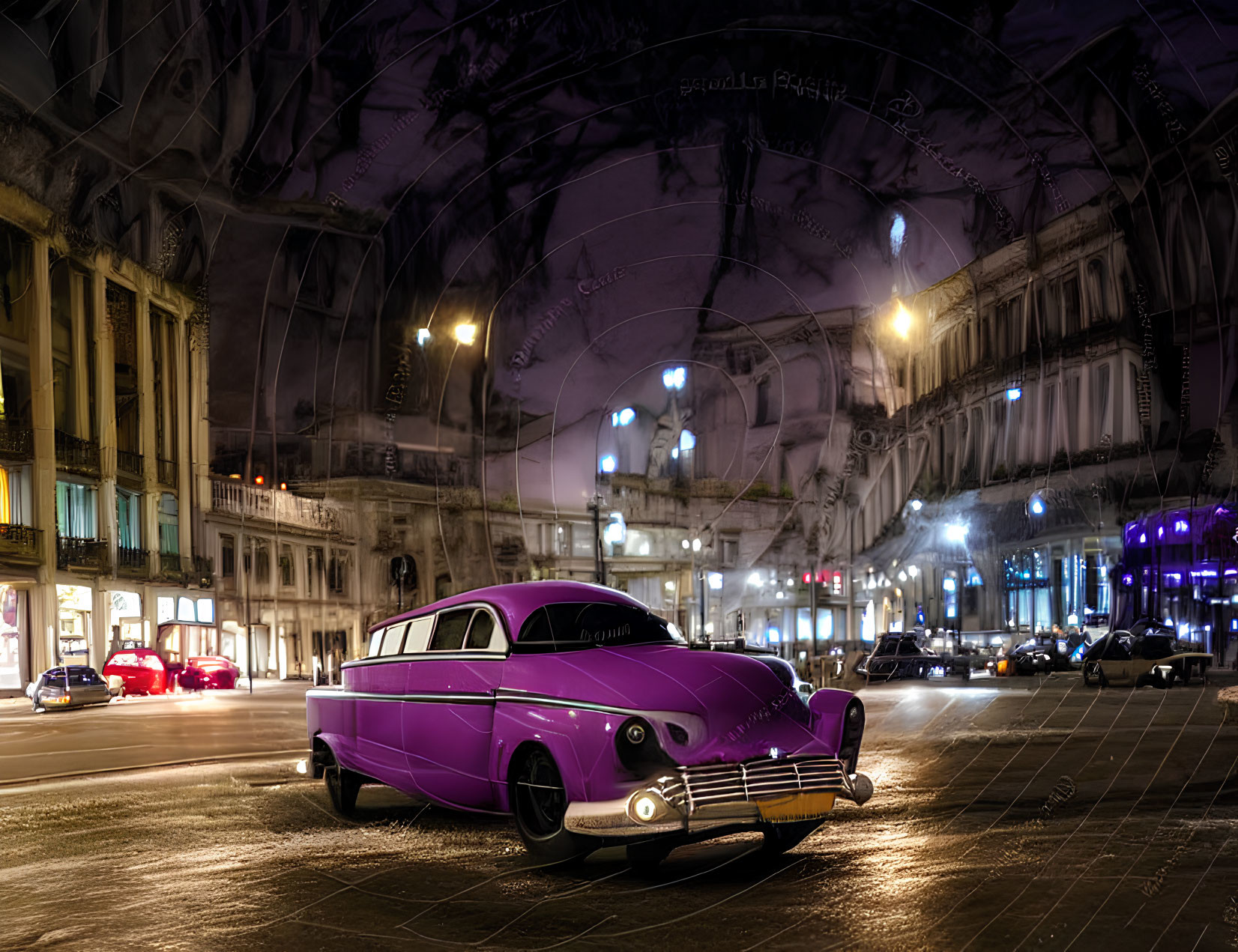 Vintage Purple Car Parked on City Street at Night with Blurred Vehicles and Illuminated Buildings