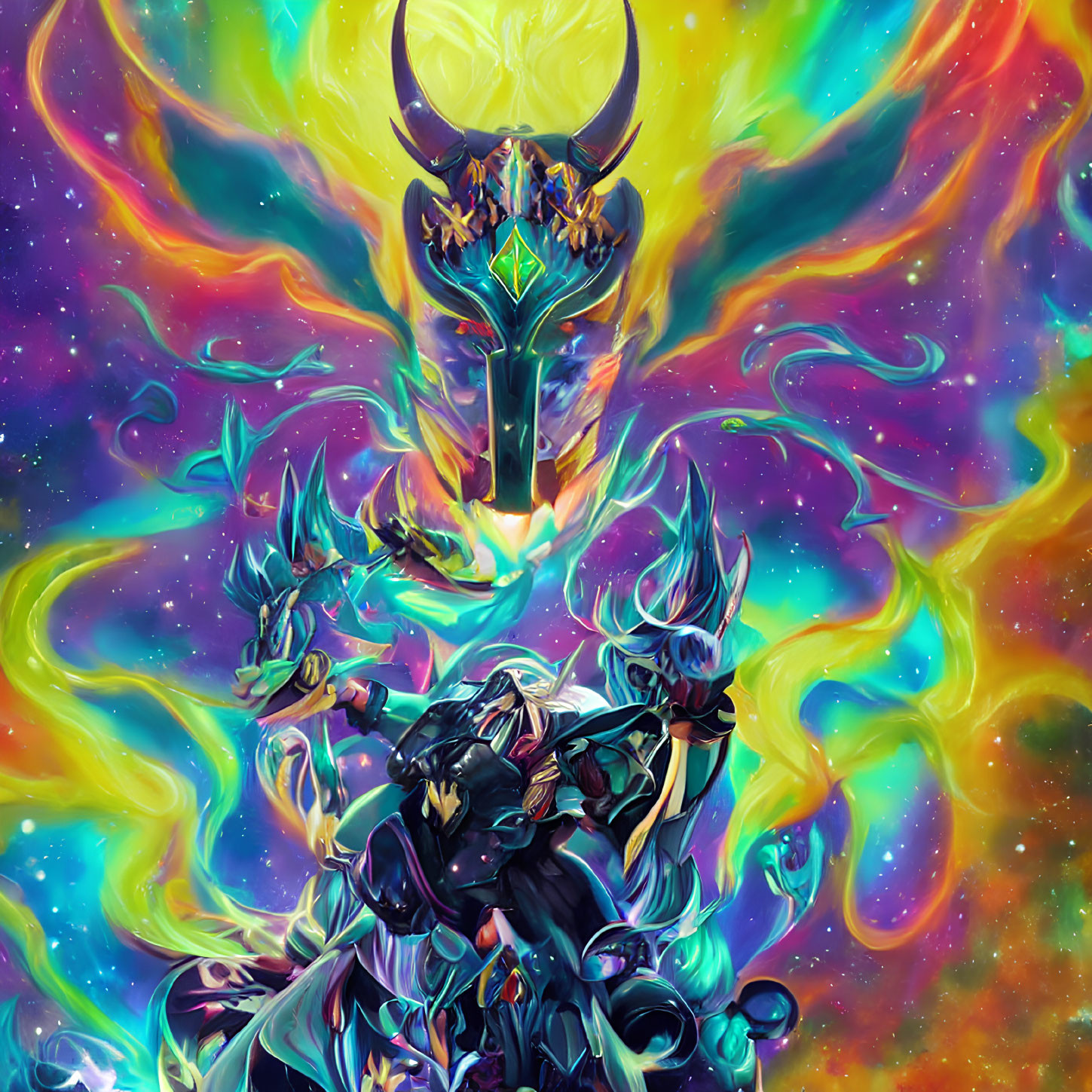 Colorful fantasy artwork: Armored warrior with horns and sword in vibrant nebula.