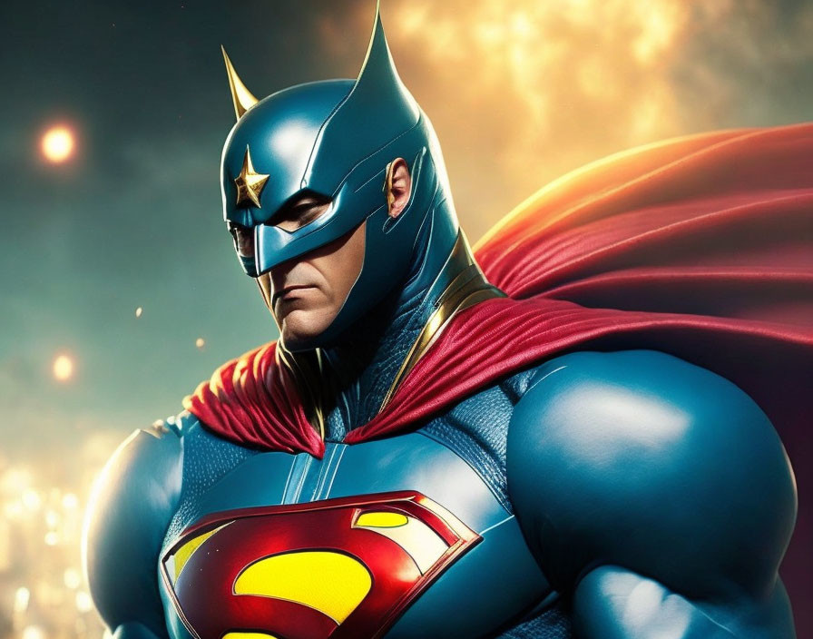 Superhero with Blue Suit, Red Cape, and Bat-like Cowl with Star Emblem