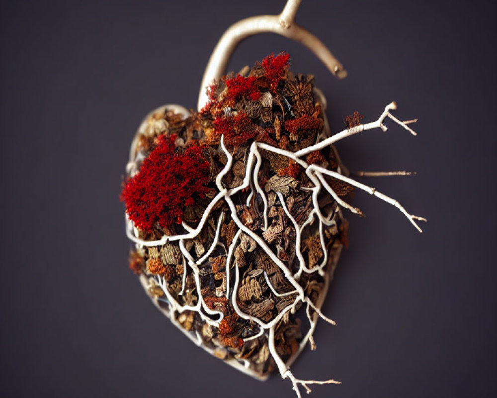 Anatomy model with tree branches and red foliage on dark background