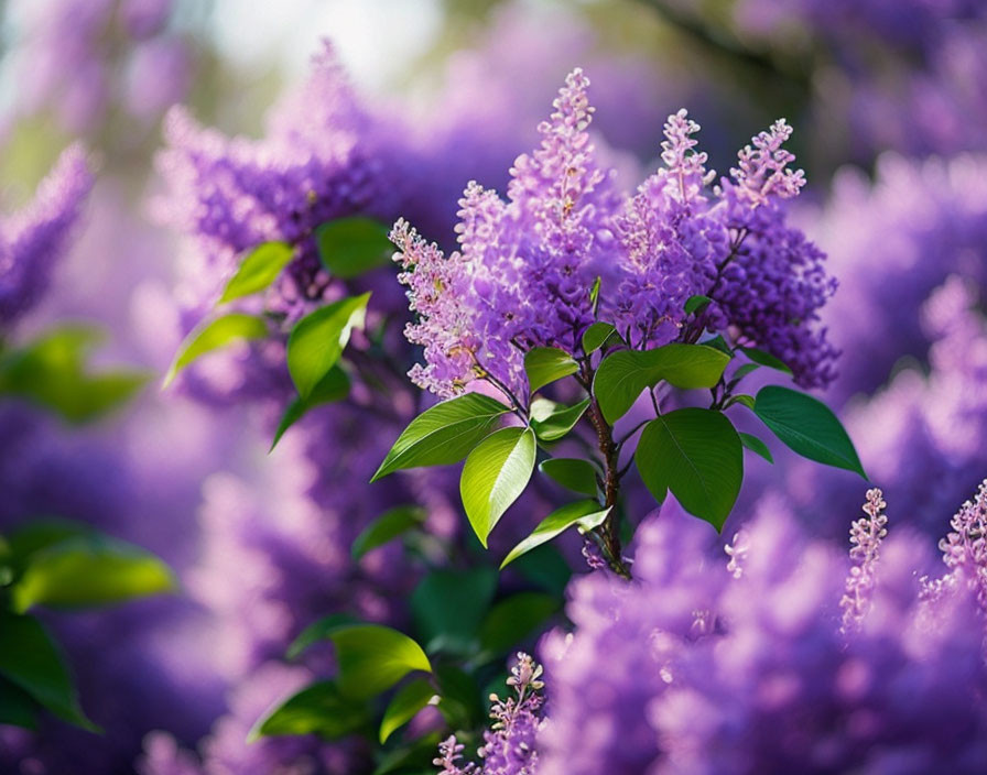 Vibrant lilac blossoms with rich purple hues and lush green leaves under soft sunlight