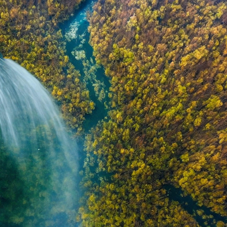 Scenic aerial view of misty waterfall in orange and green forest