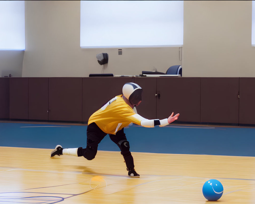 Player in protective gear playing goalball indoors