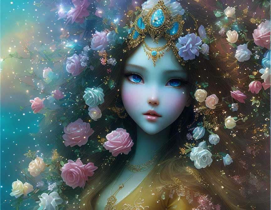 Fantastical female character with blue eyes in ornate attire among radiant flowers and sparkling lights