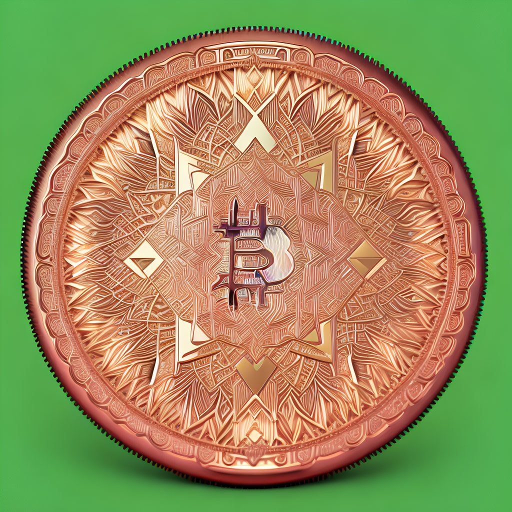 Bronze Bitcoin symbol coin with geometric patterns on green background