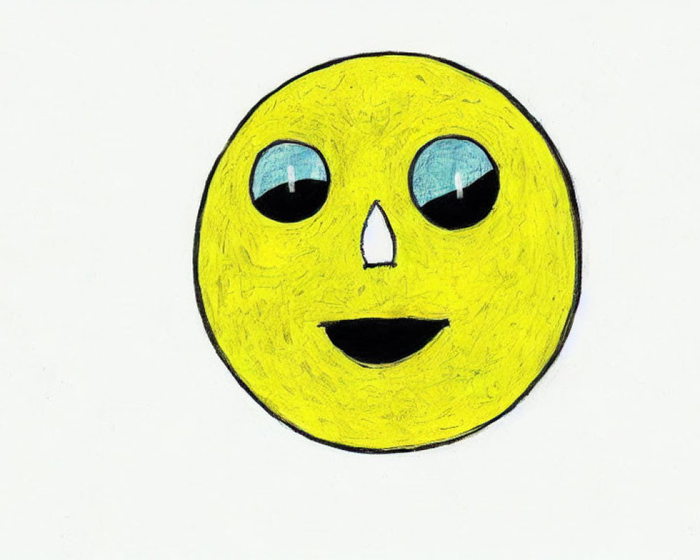 Yellow smiley face with blue eyes and black smiling mouth on white background