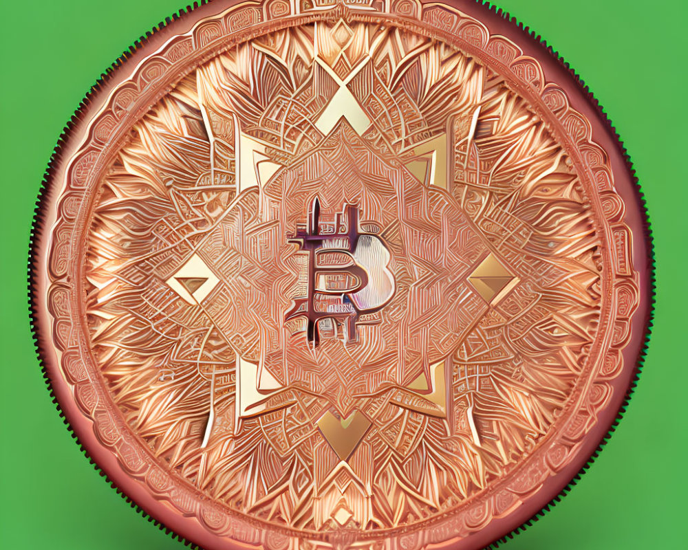 Bronze Bitcoin symbol coin with geometric patterns on green background