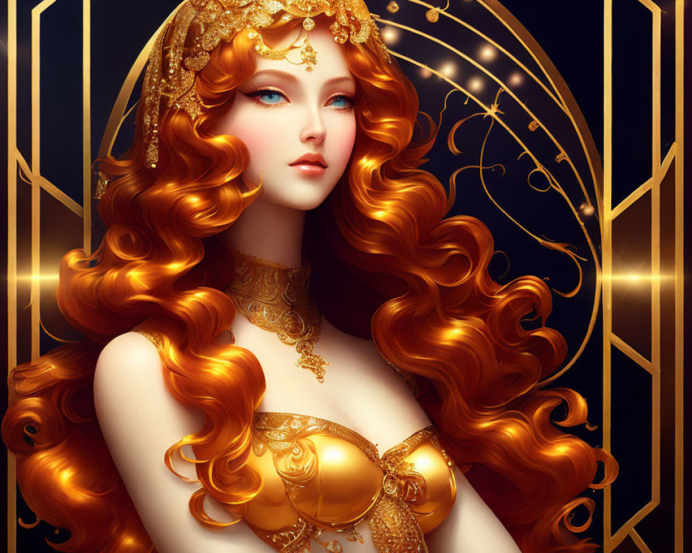 Illustration of woman with red hair and gold jewelry on dark background