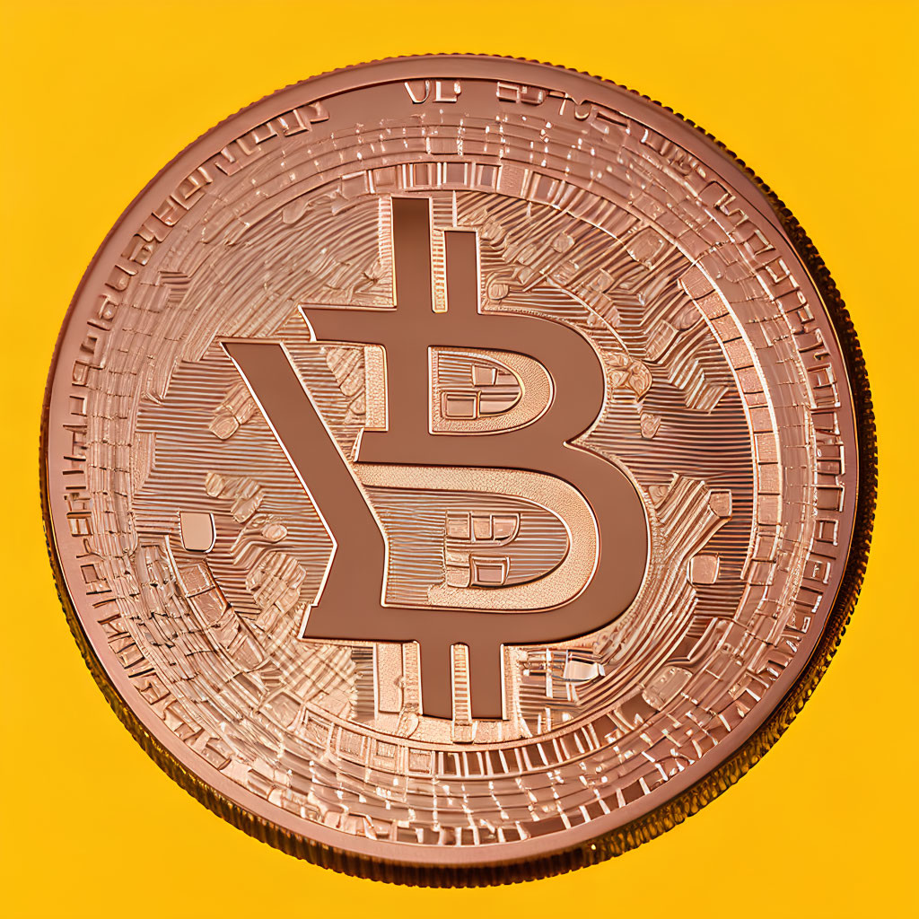 Detailed Bronze Bitcoin Token on Vibrant Yellow Background