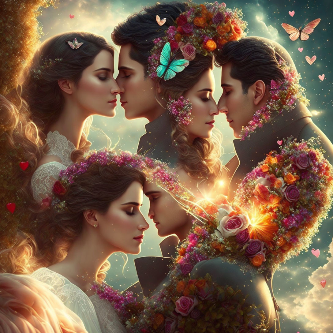 Romantic couples surrounded by butterflies and flowers in fantasy setting