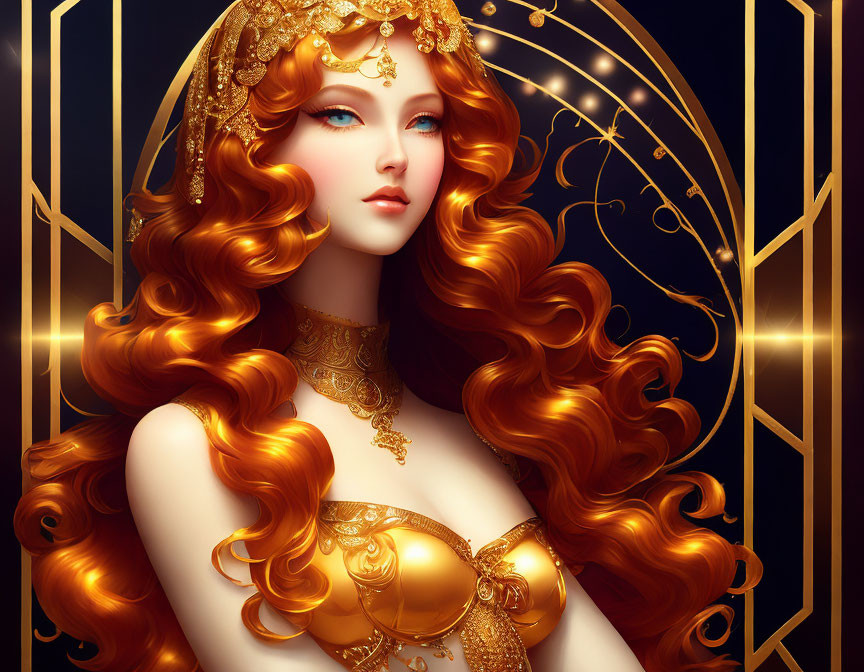 Illustration of woman with red hair and gold jewelry on dark background