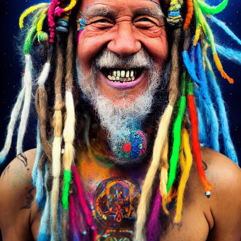 Elderly Man with Colorful Dreadlocks, Face Paint, Tattoos, and Beaded Necklace