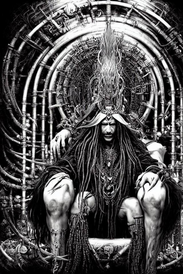 Monochrome image of mystical figure with intricate headgear and mirrored muscular figures