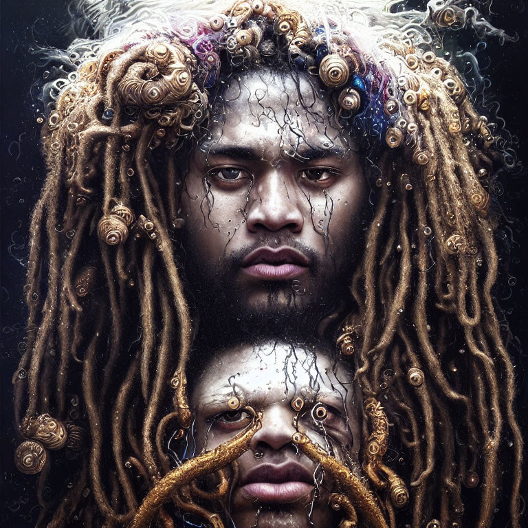Surreal portrait of two individuals with intertwined dreadlocks and branches sprouting from hair
