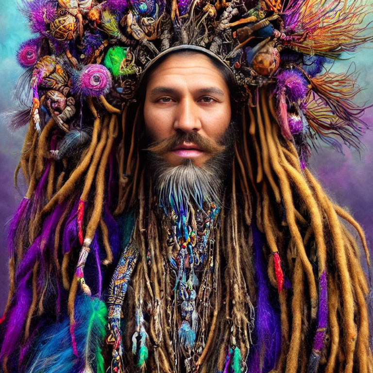 Man with Feathered Headdress and Colorful Background