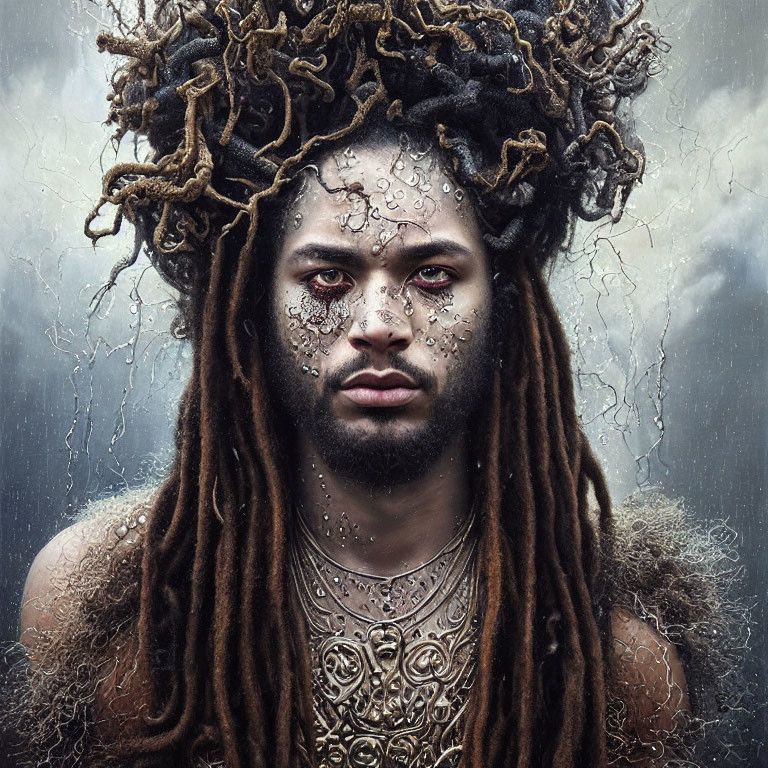 Elaborately dreadlocked man with piercing gaze and neck jewelry in moody portrait.