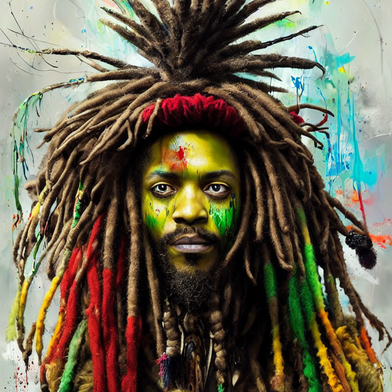 Colorful portrait of person with dreadlocks and face paint on abstract background