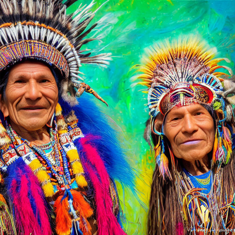 Two people in Native American attire with feathered headdresses and beadwork, smiling in front of a