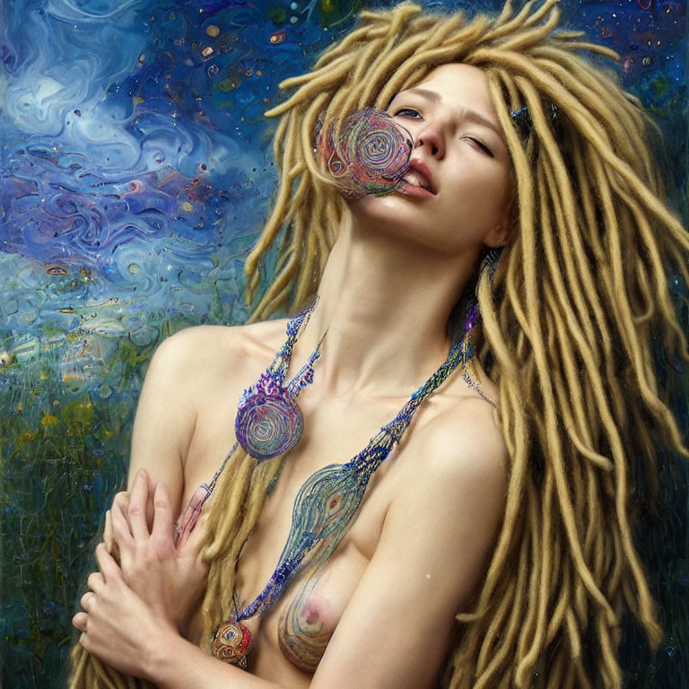 Person with Long Dreadlocks and Cosmic Body Painting in Starry Setting