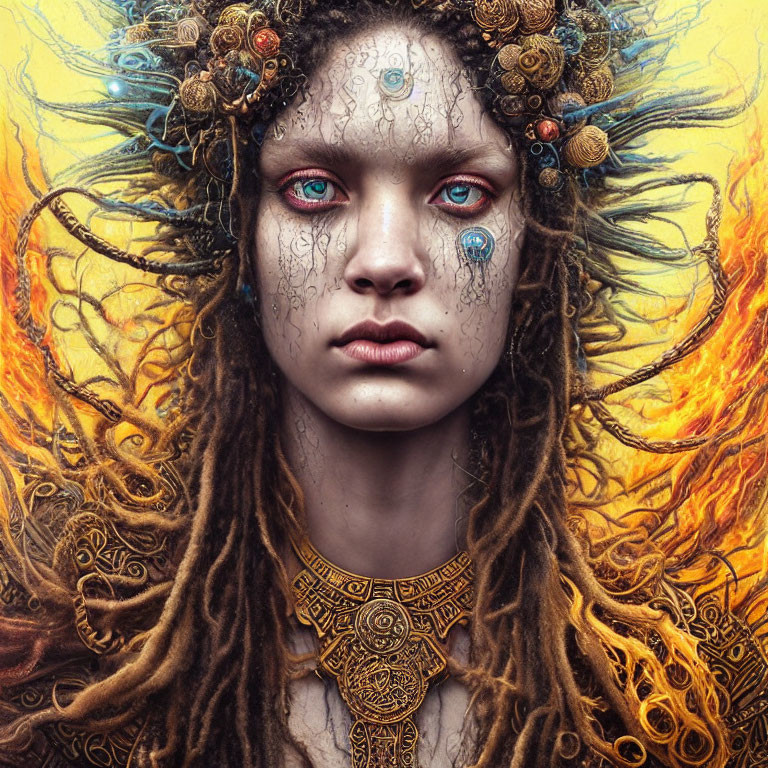Woman with Decorative Face Paint and Blue Eyes in Fiery Setting