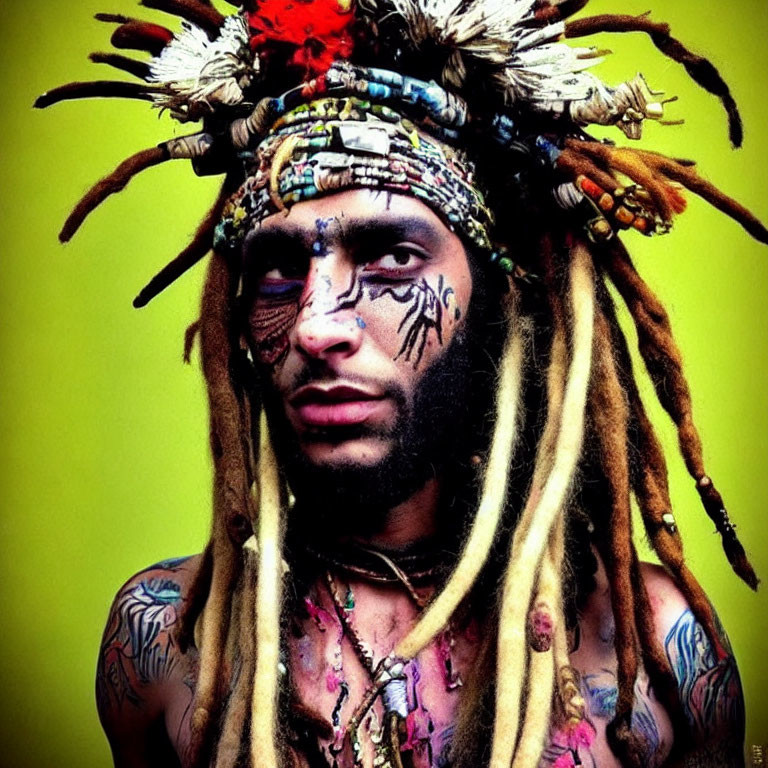 Person with Dreadlocks and Feathered Headdress on Green Background