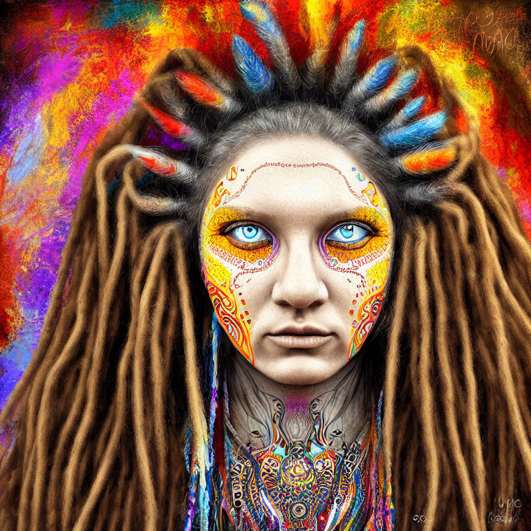 Colorful portrait of a person with tribal face paint and dreadlocks against textured background