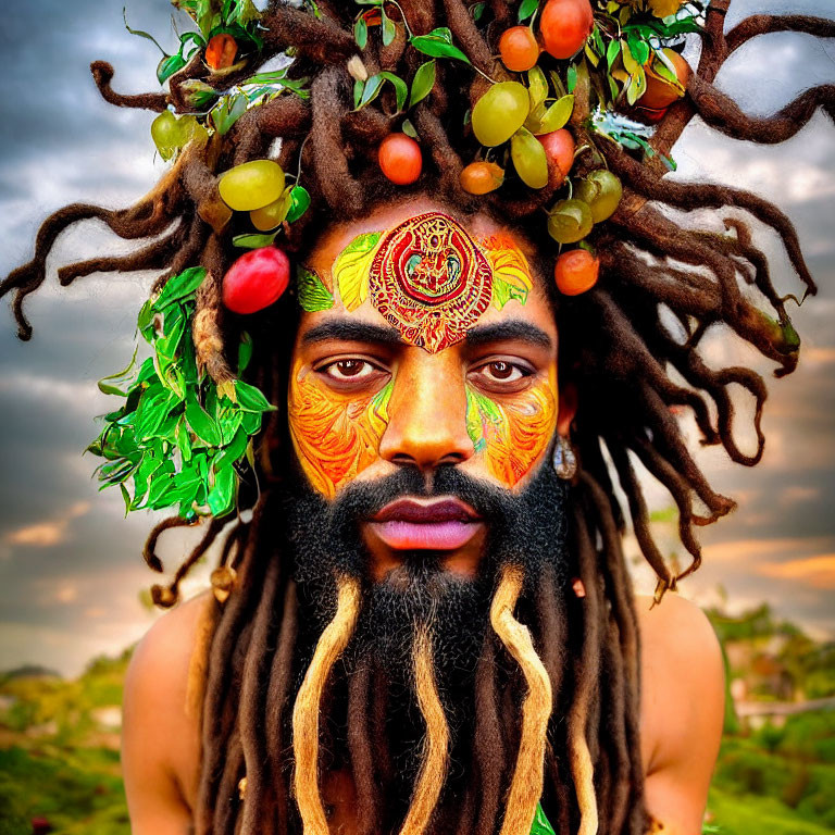 Person with orange face paint, dreadlocks, and fruit against scenic backdrop