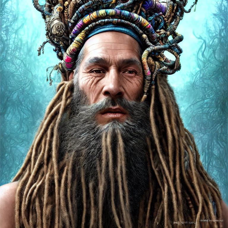 Bearded man with dreadlocks in colorful fabric against mystical forest.