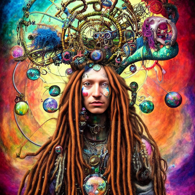 Person with dreadlocks and tribal makeup in colorful, fantastical setting.