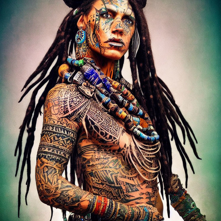 Person with tribal tattoos, dreadlocks, traditional jewelry, and face paint on teal background