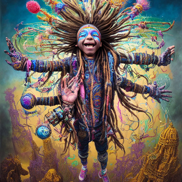 Colorful person with dreadlocks and tribal face paint against intricate background