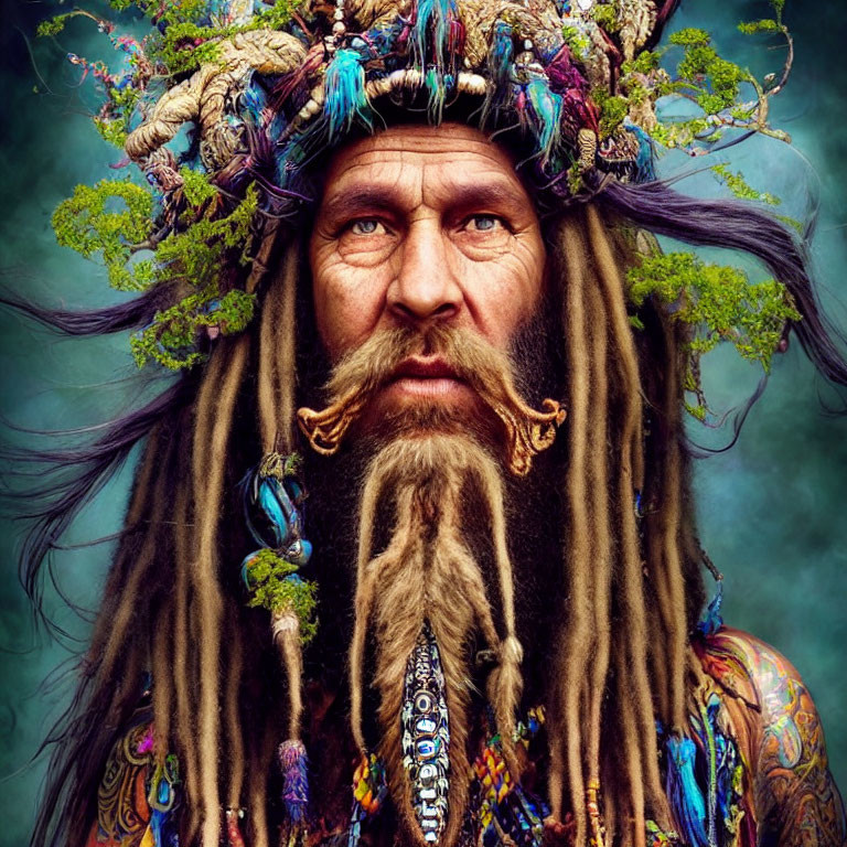 Person with Feathered Headpiece, Dreadlocks, Blue Eyes, Mustache & Beard