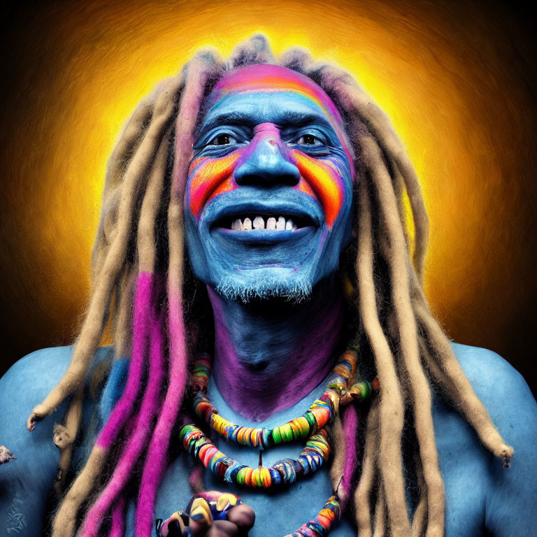 Colorful portrait of a person with face paint, dreadlocks, and beaded necklaces on yellow