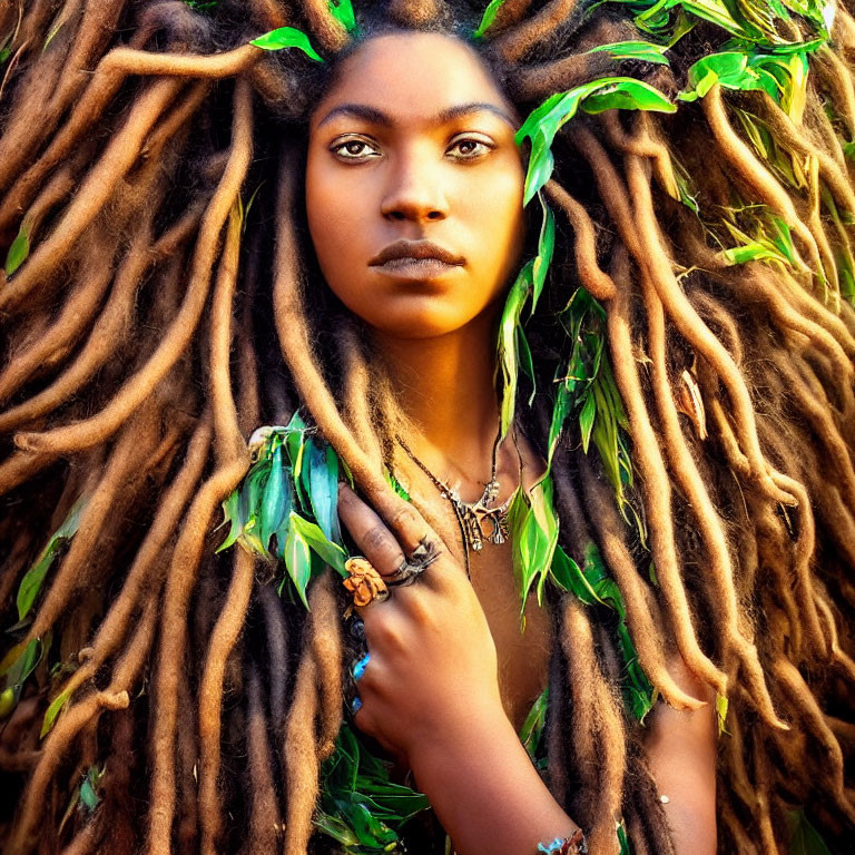 Woman with Long Dreadlocked Hair and Earthy Jewelry Gazing Intently