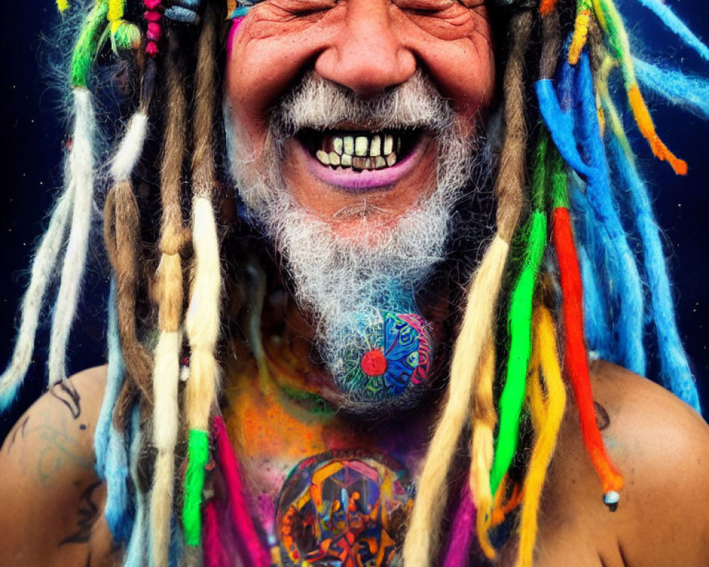 Elderly Man with Colorful Dreadlocks, Face Paint, Tattoos, and Beaded Necklace