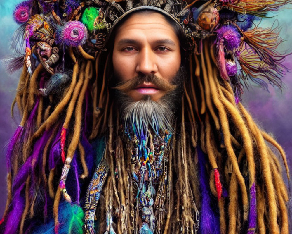 Man with Feathered Headdress and Colorful Background