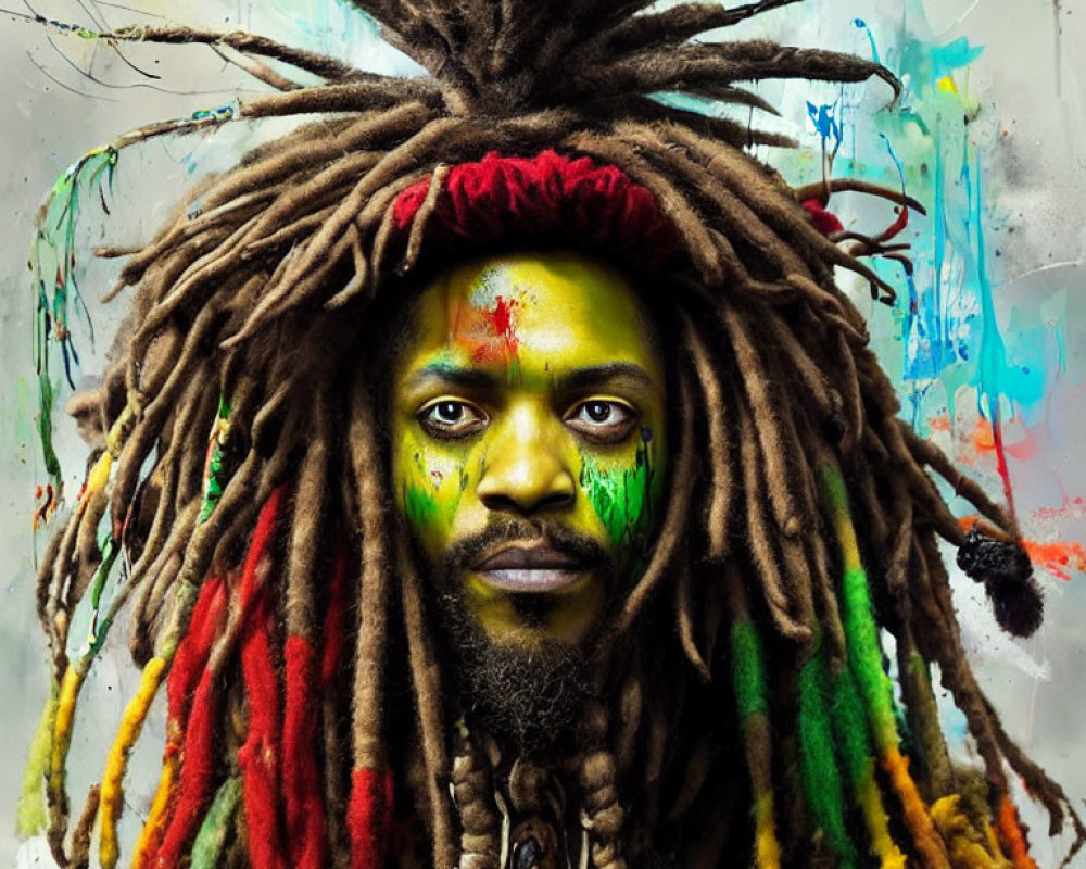 Colorful portrait of person with dreadlocks and face paint on abstract background