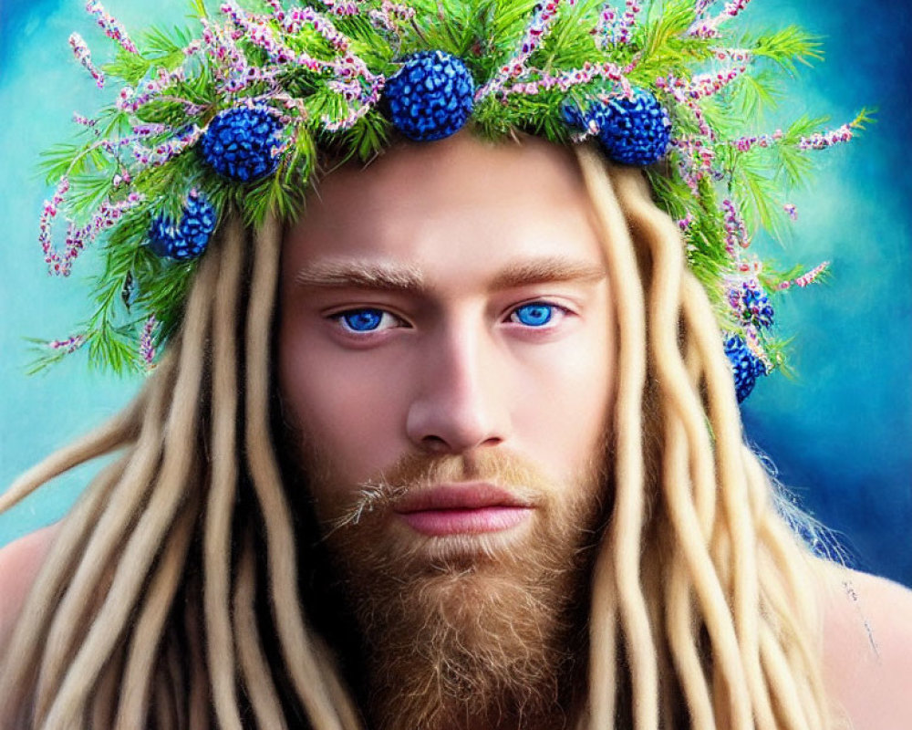 Blue-eyed person with long blonde dreadlocks, beard, floral wreath, greenery, blueberries