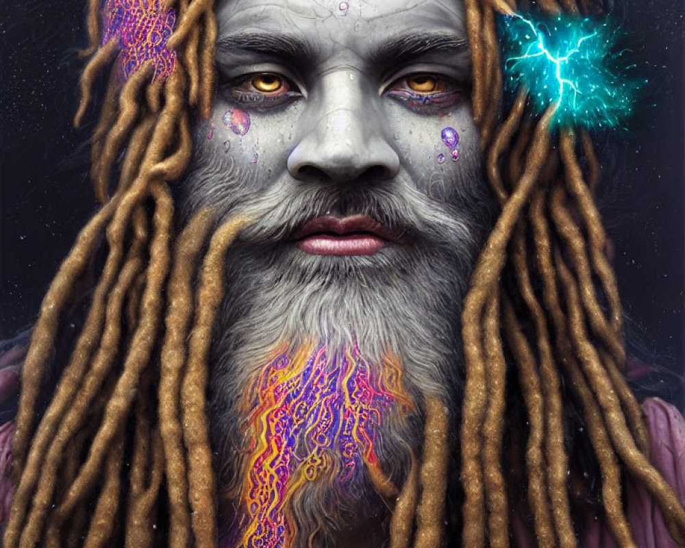 Person with Dreadlocks and Glowing Skin Patterns in Electric Blue Light