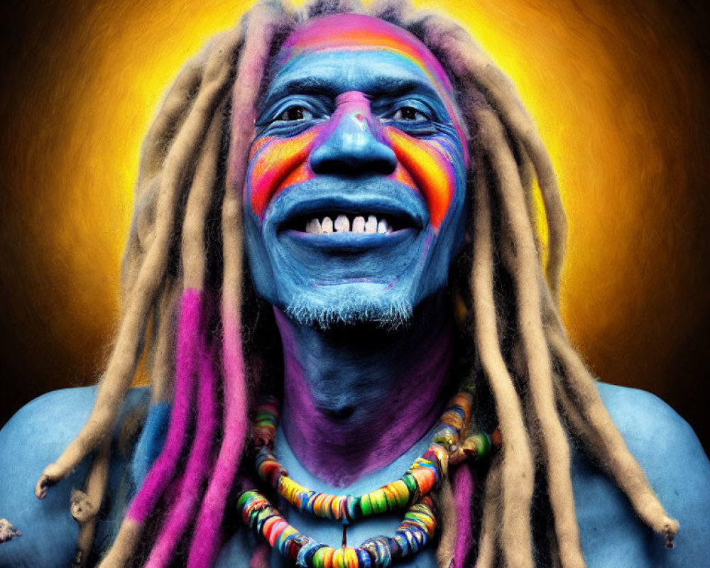 Colorful portrait of a person with face paint, dreadlocks, and beaded necklaces on yellow