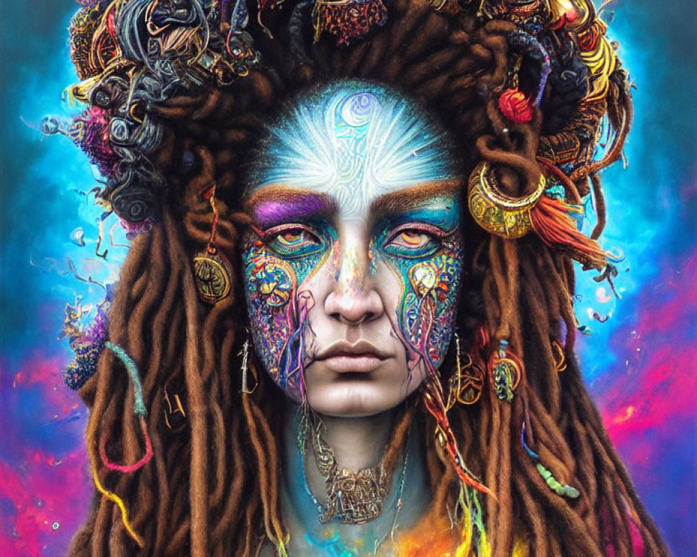 Colorful tribal makeup portrait with ornate jewelry and dreadlocks against cosmic backdrop